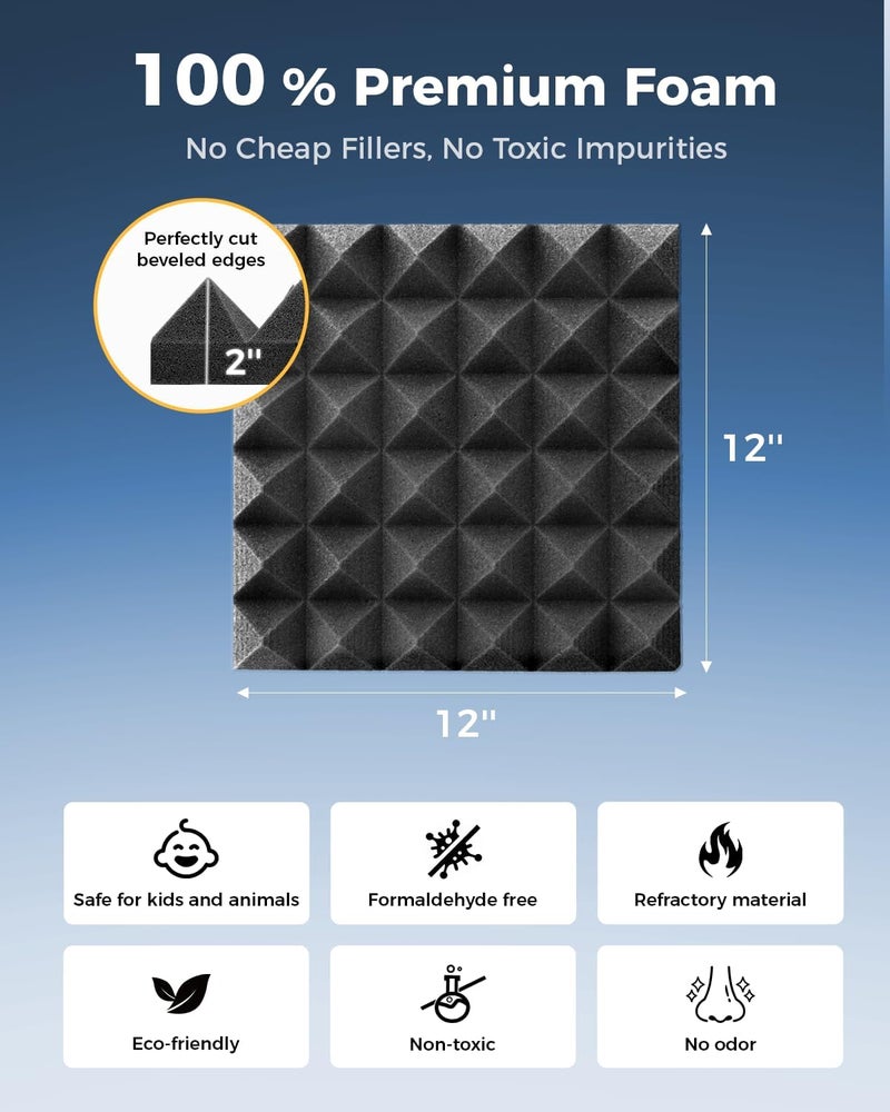 AUSLET 36 Pack Self-Adhesive Acoustic Foam Panels, 12 x 12 x 2 Inches High Density Pyramid Sound Proof Foam Panels for Walls, Fire Resistant Soundproof Wall Panels for Home Office & Studio (Black) - Image 5